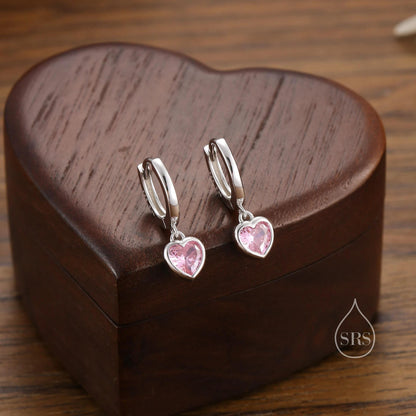 CZ Heart Huggie Hoop in Sterling Silver, Silver or Gold Hoops, 8mm Inner Diameter, Stacking Earrings, Birthstone Earrings