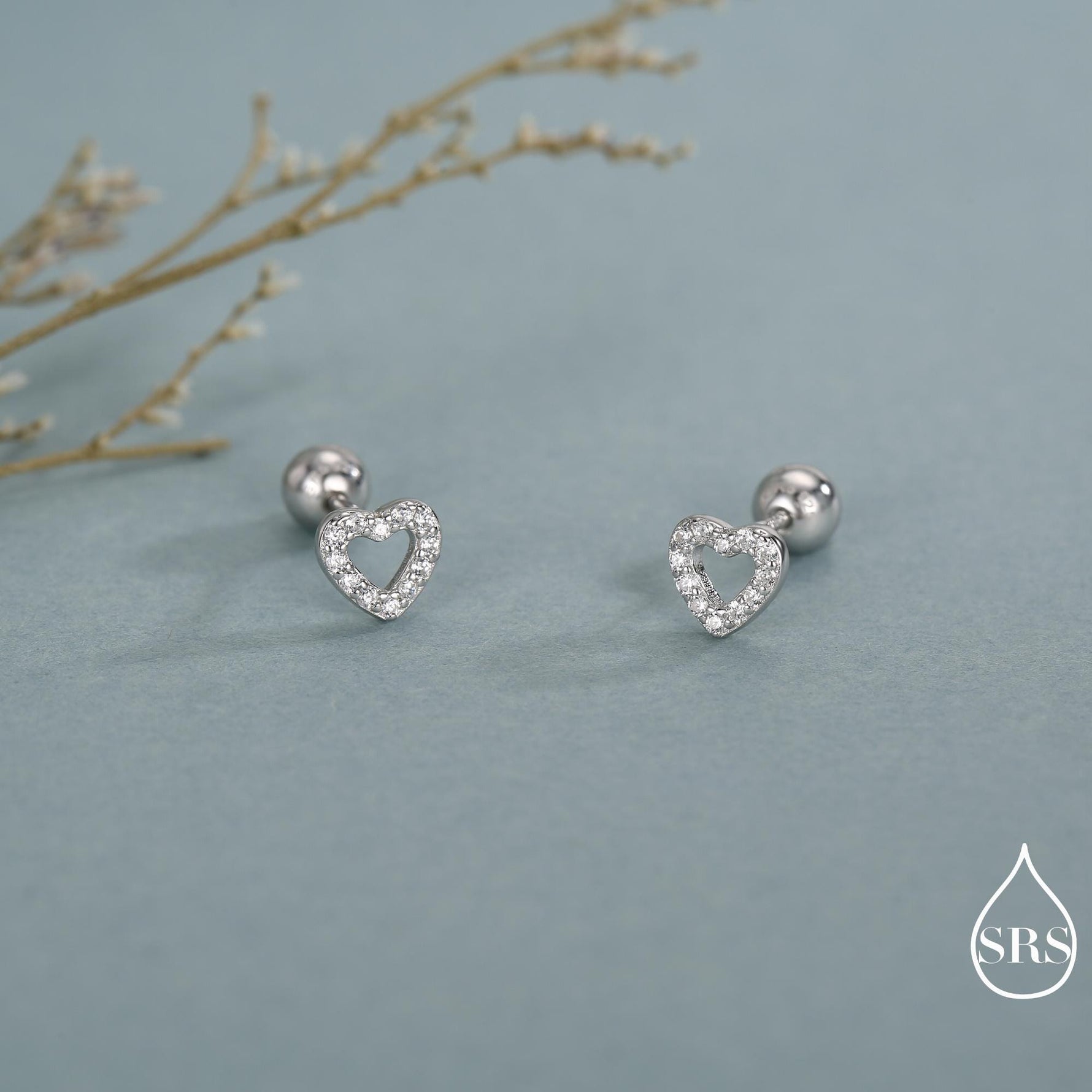 Small Pair of Open Heart 18G Screw Back Earrings in Sterling Silver