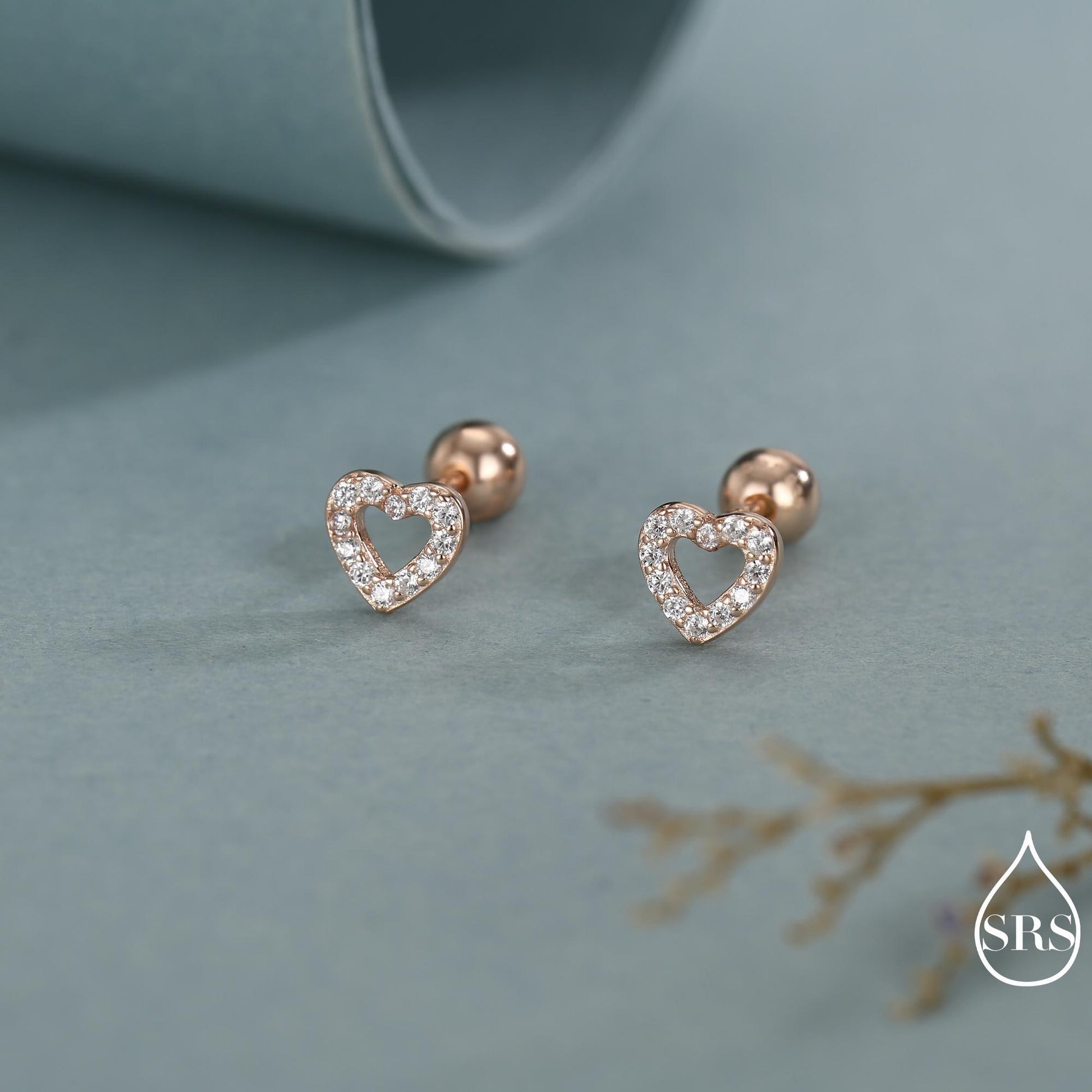 Small Pair of Open Heart Stud Earrings in Sterling Silver, Rose Gold, Silver, Screw Back Earrings - helix, cartilage, conch, tragus