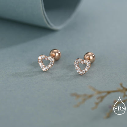 Small Pair of Open Heart Stud Earrings in Sterling Silver, Rose Gold, Silver, Screw Back Earrings - helix, cartilage, conch, tragus
