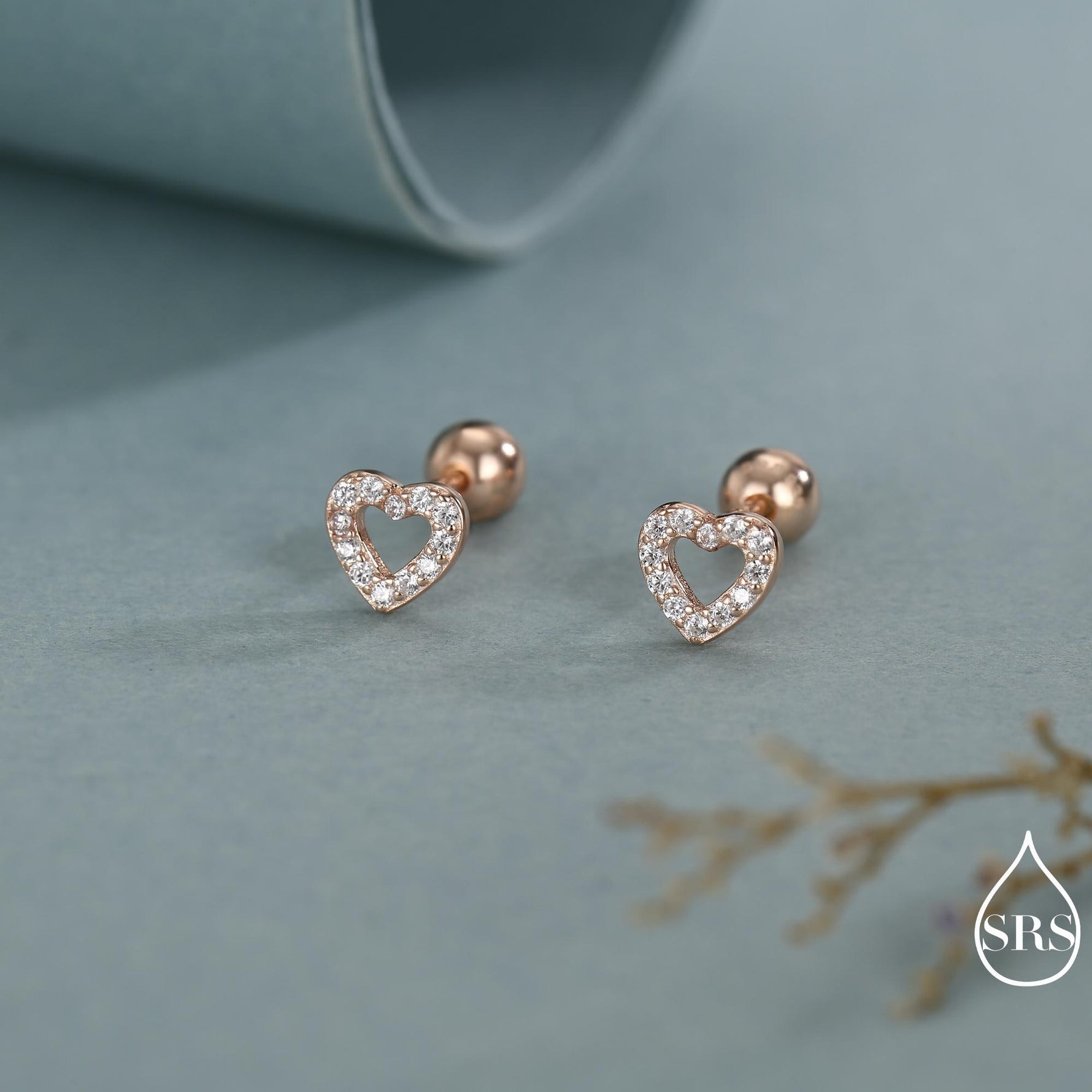 Small Pair of Open Heart 18G Screw Back Earrings in Sterling Silver