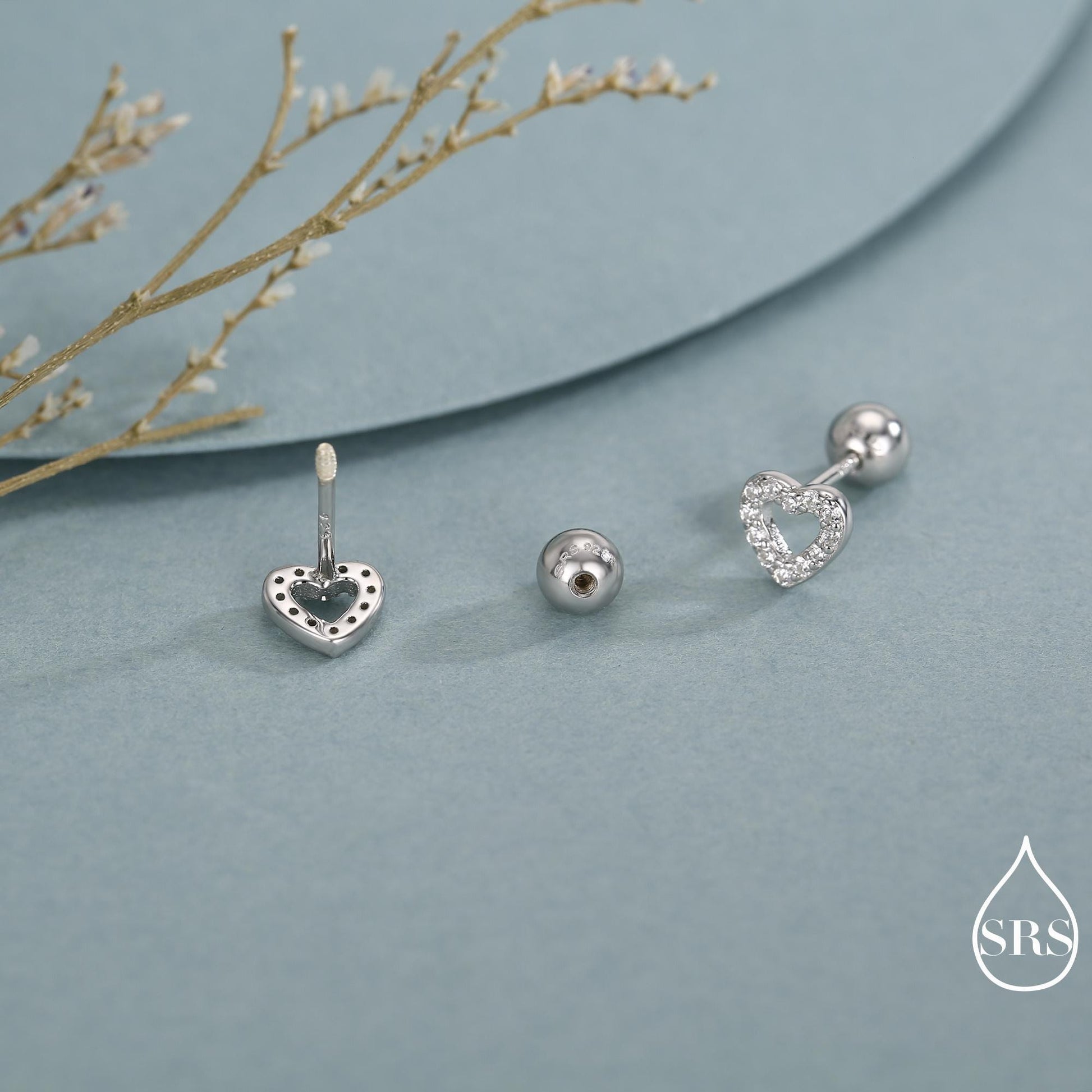 Small Pair of Open Heart Stud Earrings in Sterling Silver, Rose Gold, Silver, Screw Back Earrings - helix, cartilage, conch, tragus