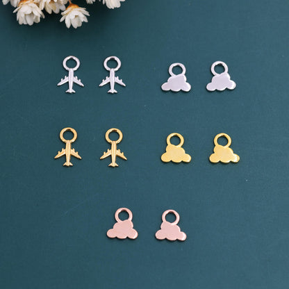 Plane and Cloud Charms for Huggie Hoops in Sterling Silver, Sold as a pair, Charms for Earrings, Detachable, Silver or Gold or Rose Gold