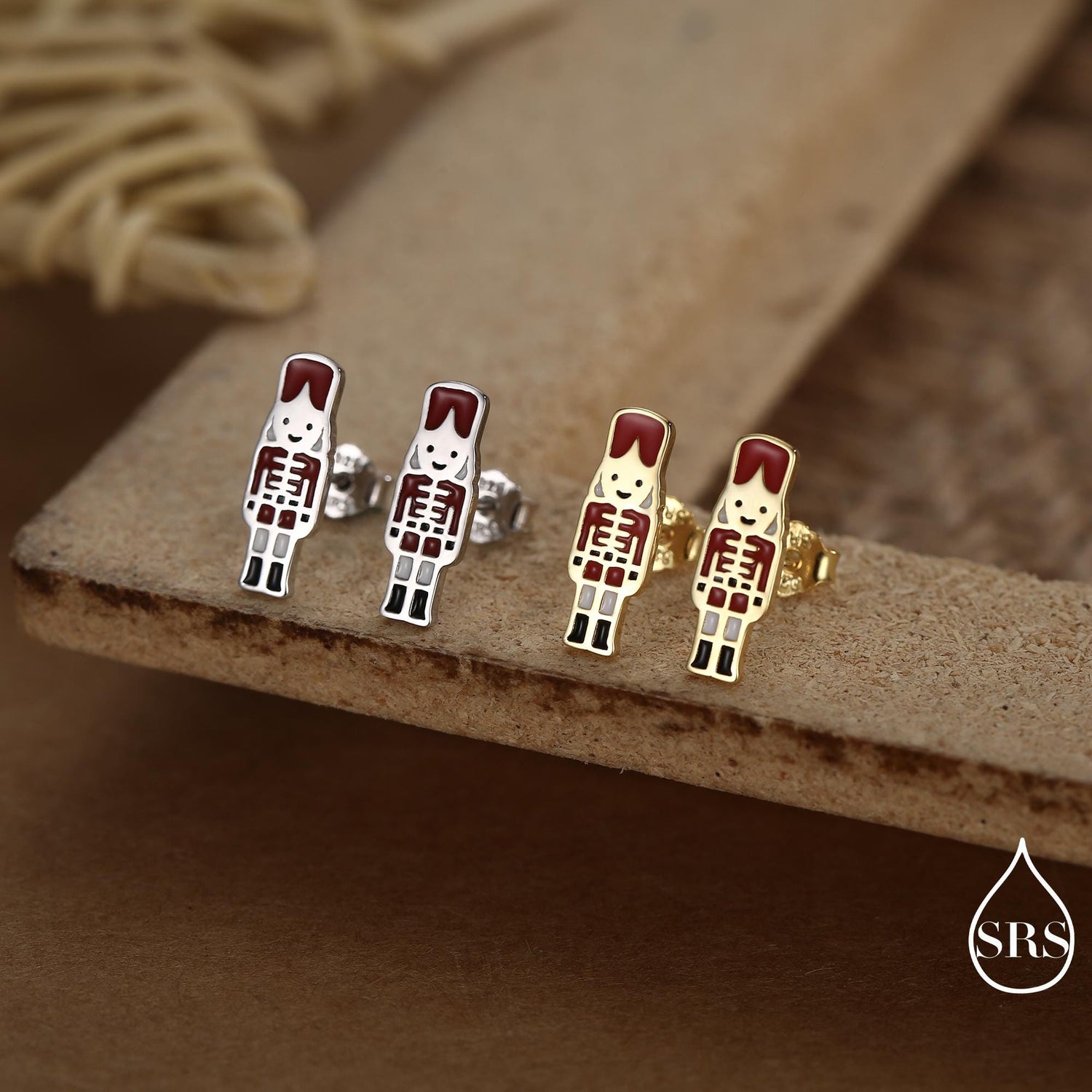 Sterling Silver Nut Cracker Guard Stud Earrings - Silver or Gold Finish - Enamel Nutcracker Style Earrings