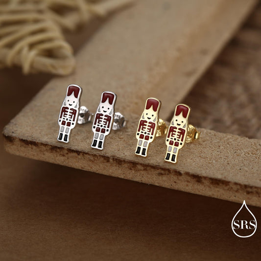 Sterling Silver Nut Cracker Guard Stud Earrings - Silver or Gold Finish - Enamel Nutcracker Style Earrings