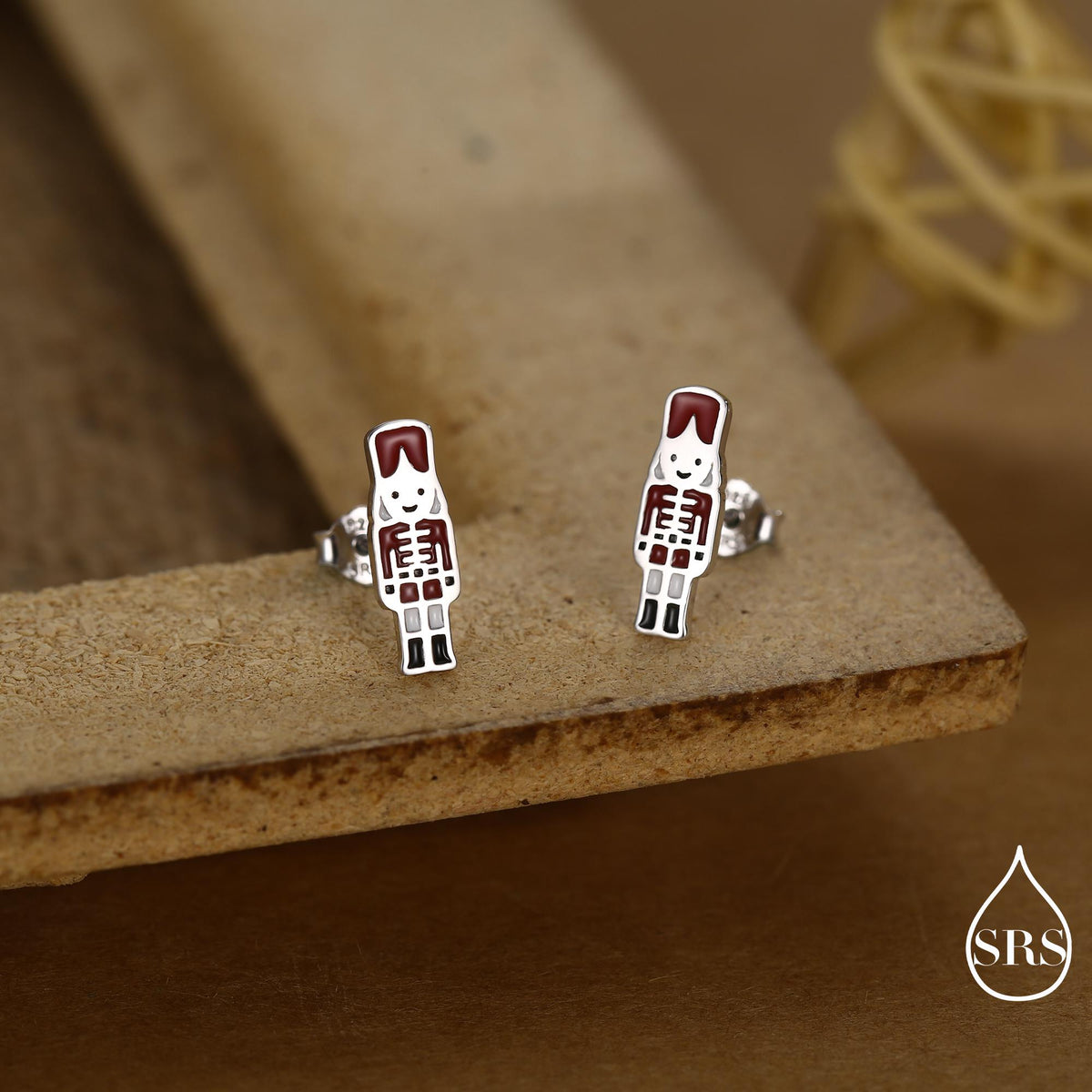 Sterling Silver Nut Cracker Guard Stud Earrings - Silver or Gold Finish - Enamel Nutcracker Style Earrings