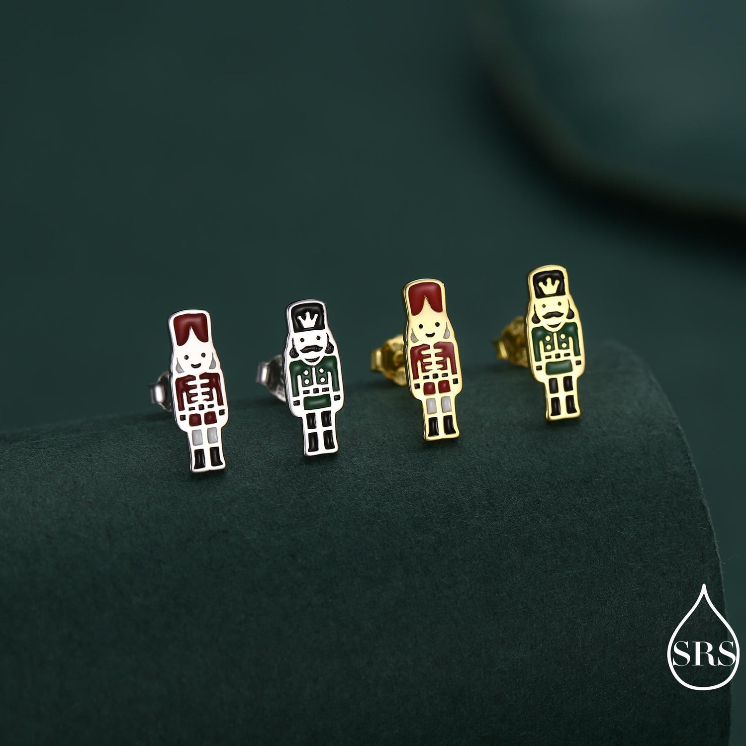 Sterling Silver Mismatched Nutcracker Stud Earrings - Two Styles - Silver or Gold Finish - Enamel Nutcracker Style Earrings