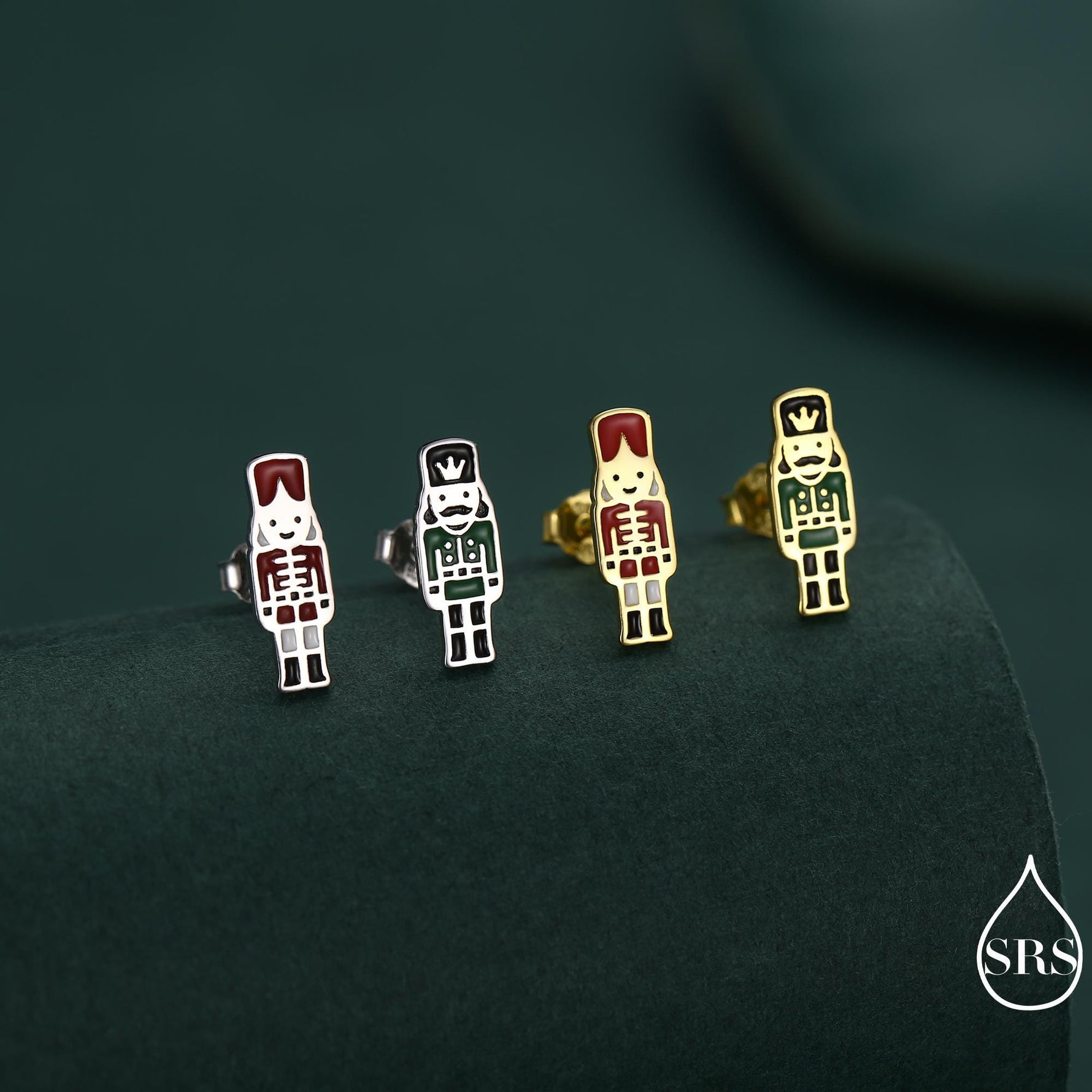 Sterling Silver Mismatched Nutcracker Stud Earrings - Two Styles - Silver or Gold Finish - Enamel Nutcracker Style Earrings