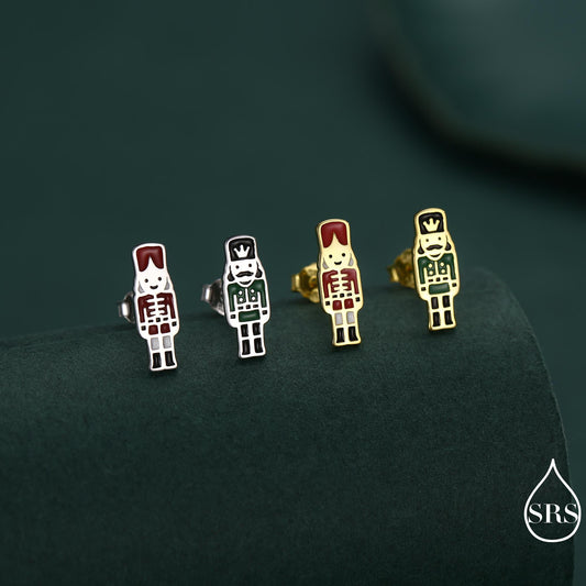 Sterling Silver Mismatched Nutcracker Stud Earrings - Two Styles - Silver or Gold Finish - Enamel Nutcracker Style Earrings