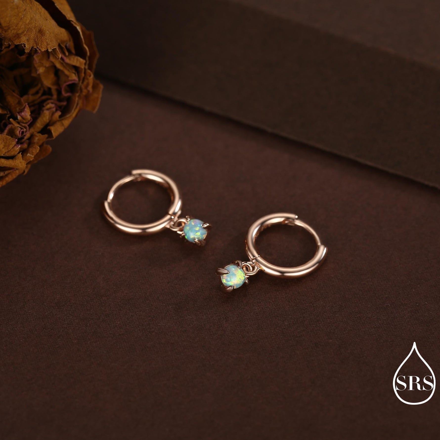 Green Opal Dot Dangle Huggie Hoop Earrings in Sterling Silver, 4mm Tiny Opal Prong Set Hoops, Opal Hoops, Fire Opal Hoops