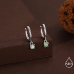 Green Opal Dot Dangle Huggie Hoop Earrings in Sterling Silver, 4mm Tiny Opal Prong Set Hoops, Opal Hoops, Fire Opal Hoops