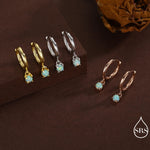 Green Opal Dot Dangle Huggie Hoop Earrings in Sterling Silver, 4mm Tiny Opal Prong Set Hoops, Opal Hoops, Fire Opal Hoops