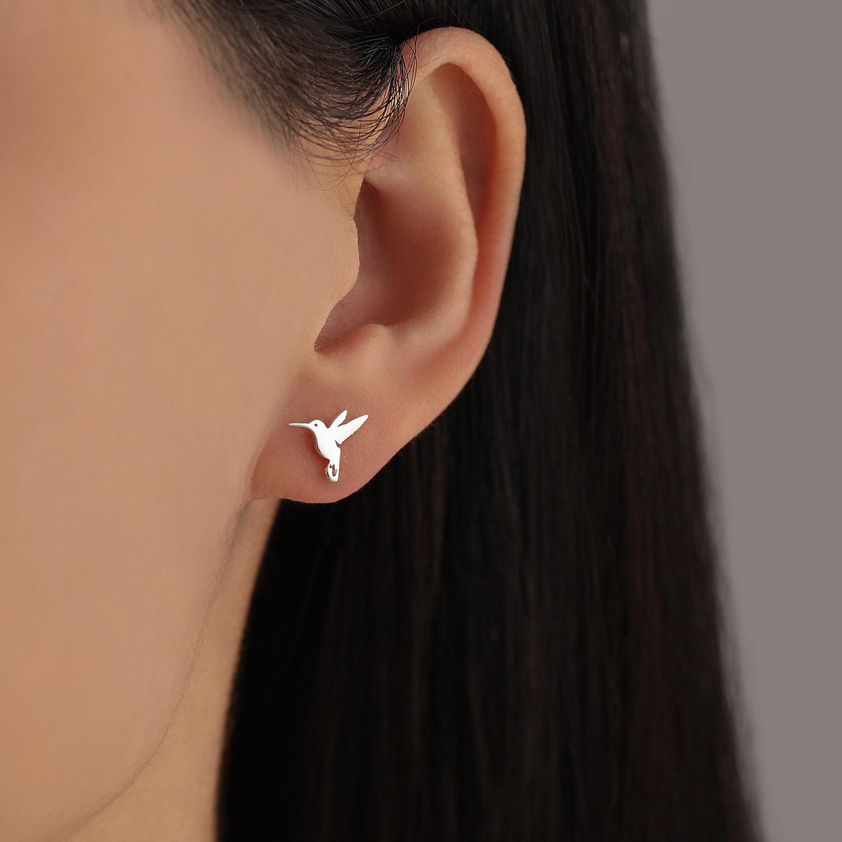 Mismatched Hummingbird and Hydrangea Flower Stud Earrings in Sterling Silver, AsymmetricFlower and Hummingbird Earrings