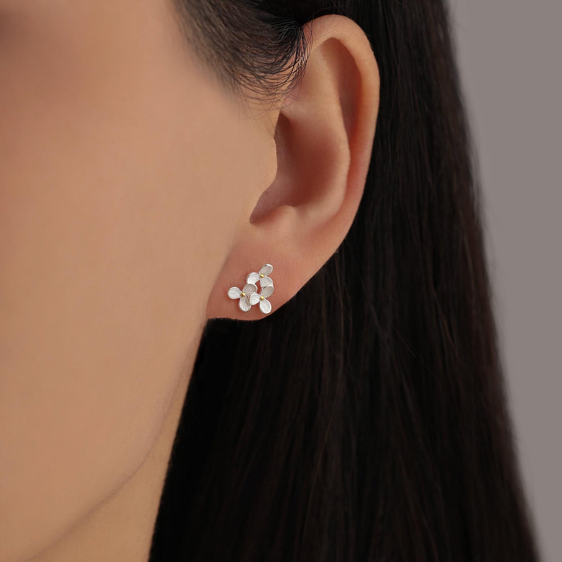 Mismatched Hummingbird and Hydrangea Flower Stud Earrings in Sterling Silver, AsymmetricFlower and Hummingbird Earrings