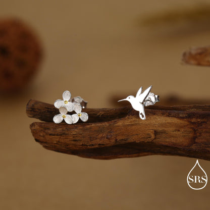Mismatched Hummingbird and Hydrangea Flower Stud Earrings in Sterling Silver, AsymmetricFlower and Hummingbird Earrings
