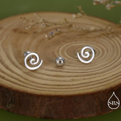 Koru Circle Spiral Screw Back/ Internally Threaded Flat Back / Stud Earrings in Sterling Silver - Infinity Swirl Māori Art Stud Earrings