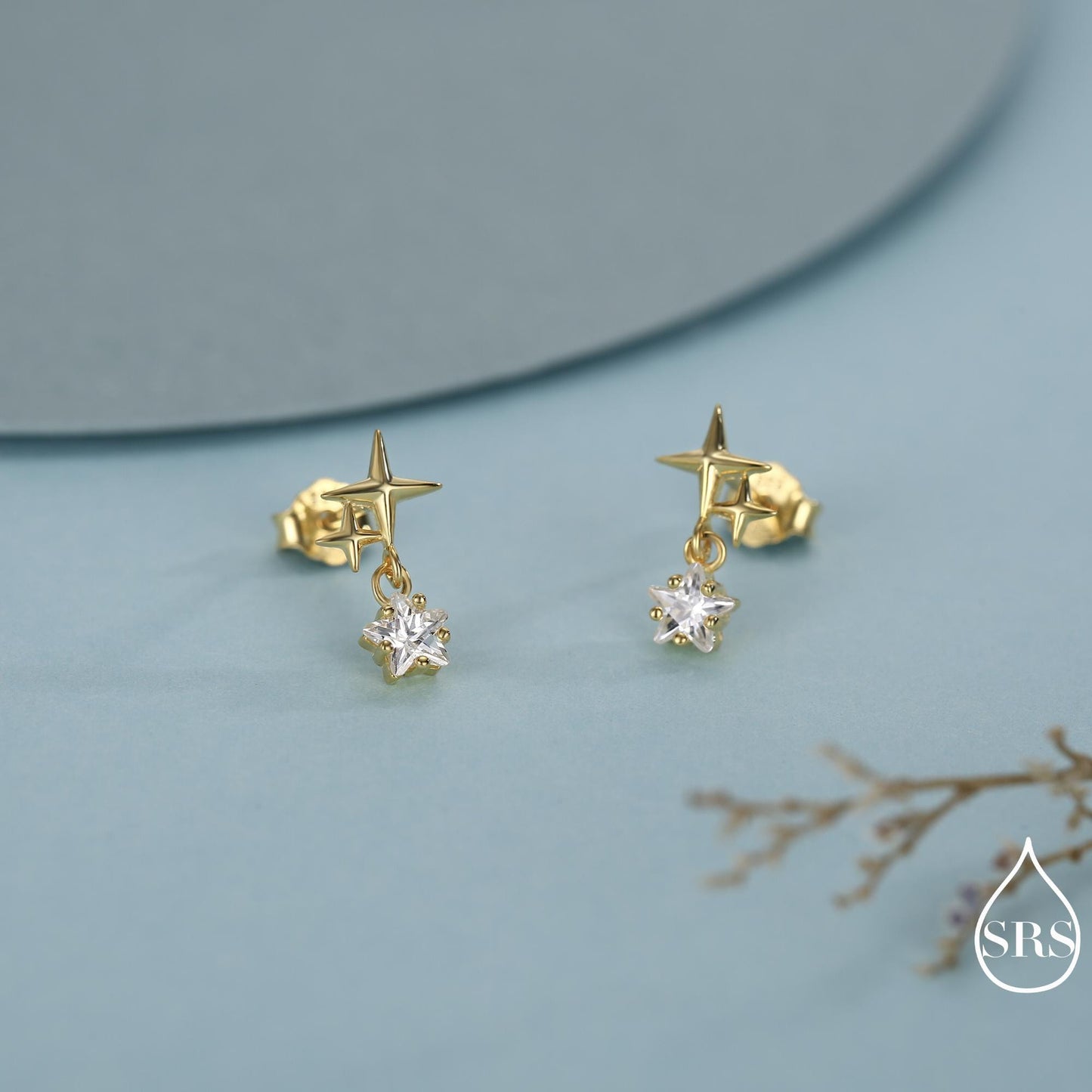 Tiny Star and Dangle CZ Stud Earrings in Sterling Silver, Silver or Gold, Aurora Star Earrings, Sunburst Earrings, Celestial