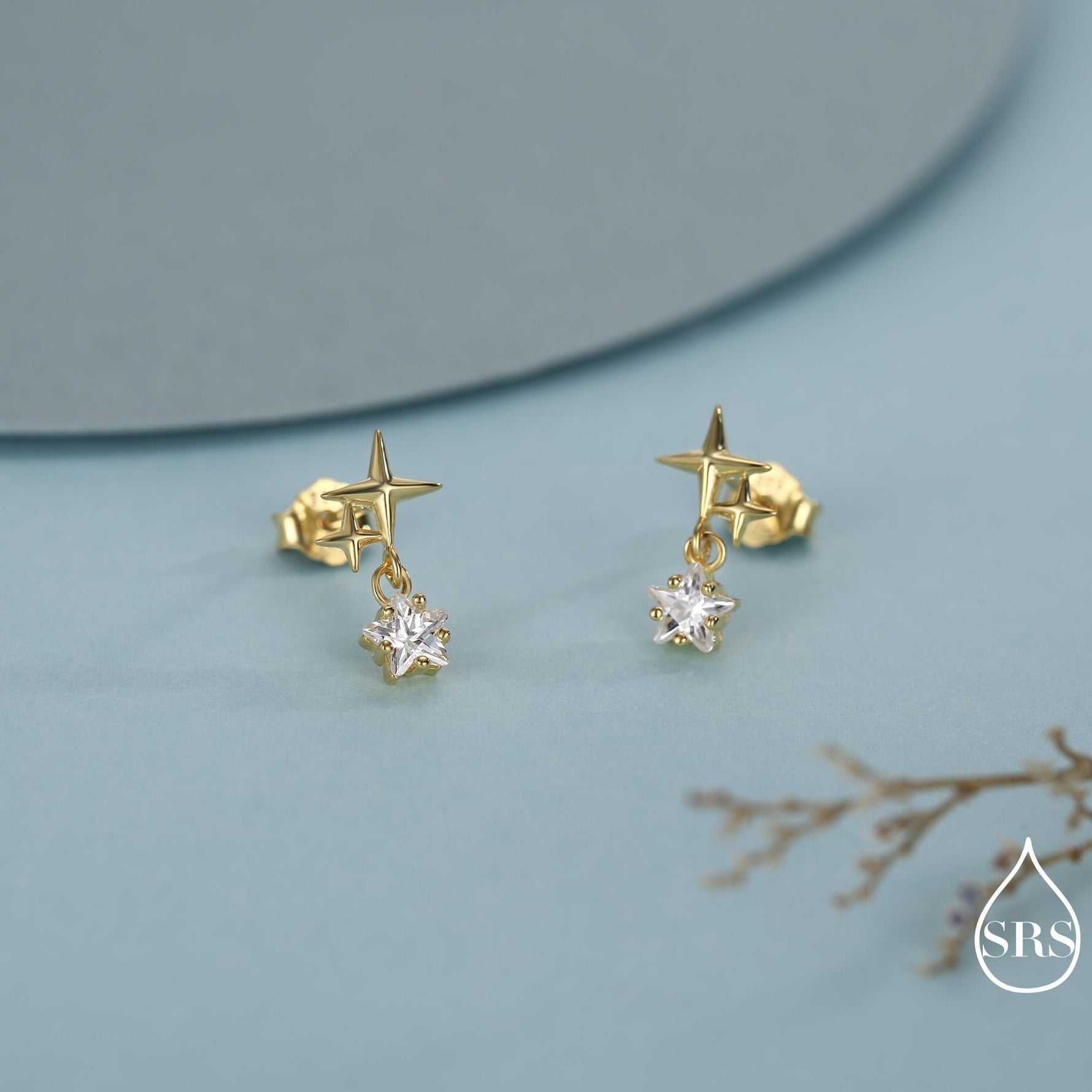 Tiny Star and Dangle CZ Stud Earrings in Sterling Silver, Silver or Gold, Aurora Star Earrings, Sunburst Earrings, Celestial