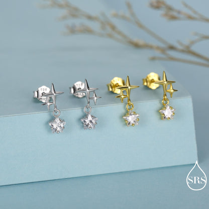 Tiny Star and Dangle CZ Stud Earrings in Sterling Silver, Silver or Gold, Aurora Star Earrings, Sunburst Earrings, Celestial