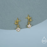Tiny Star and Dangle CZ Stud Earrings in Sterling Silver, Silver or Gold, Aurora Star Earrings, Sunburst Earrings, Celestial