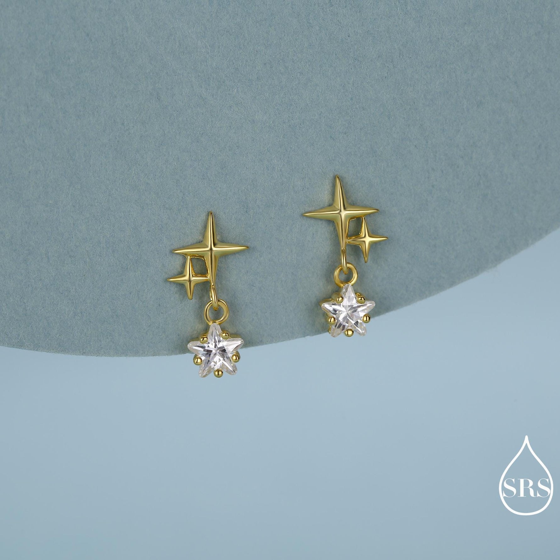 Tiny Star and Dangle CZ Stud Earrings in Sterling Silver, Silver or Gold, Aurora Star Earrings, Sunburst Earrings, Celestial