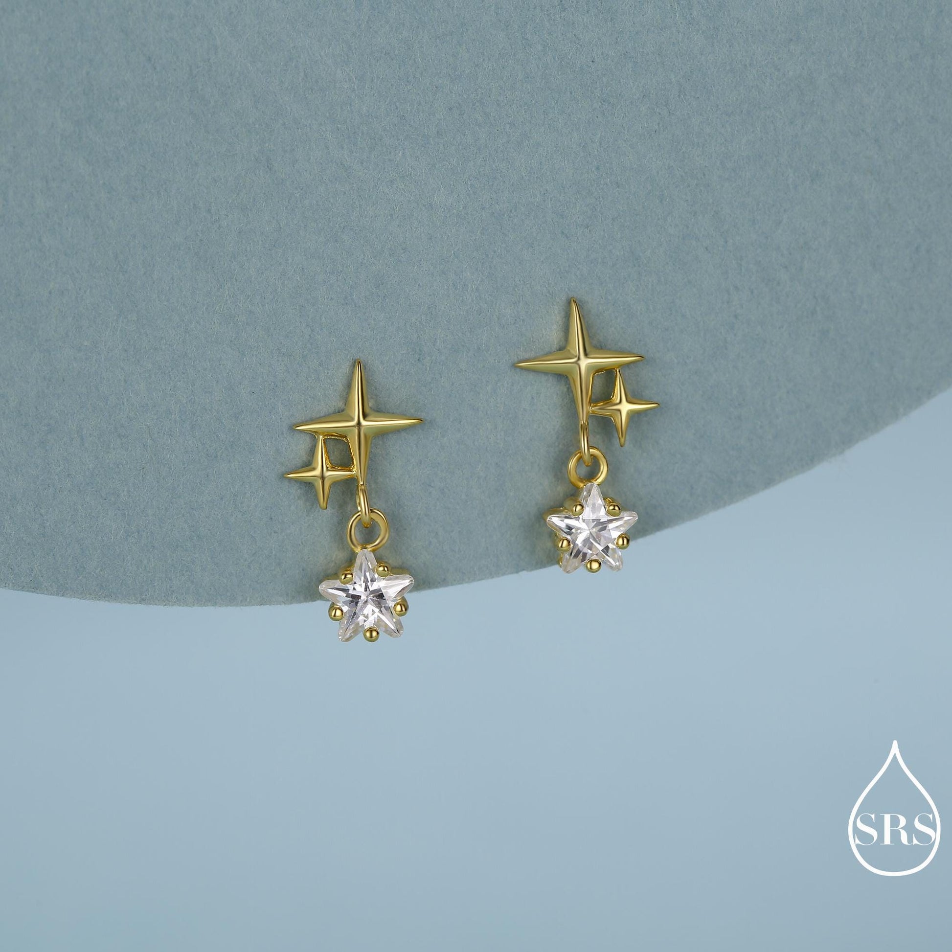 Tiny Star and Dangle CZ Stud Earrings in Sterling Silver, Silver or Gold, Aurora Star Earrings, Sunburst Earrings, Celestial