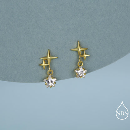 Tiny Star and Dangle CZ Stud Earrings in Sterling Silver, Silver or Gold, Aurora Star Earrings, Sunburst Earrings, Celestial