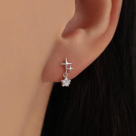 Tiny Star and Dangle CZ Stud Earrings in Sterling Silver, Silver or Gold, Aurora Star Earrings, Sunburst Earrings, Celestial