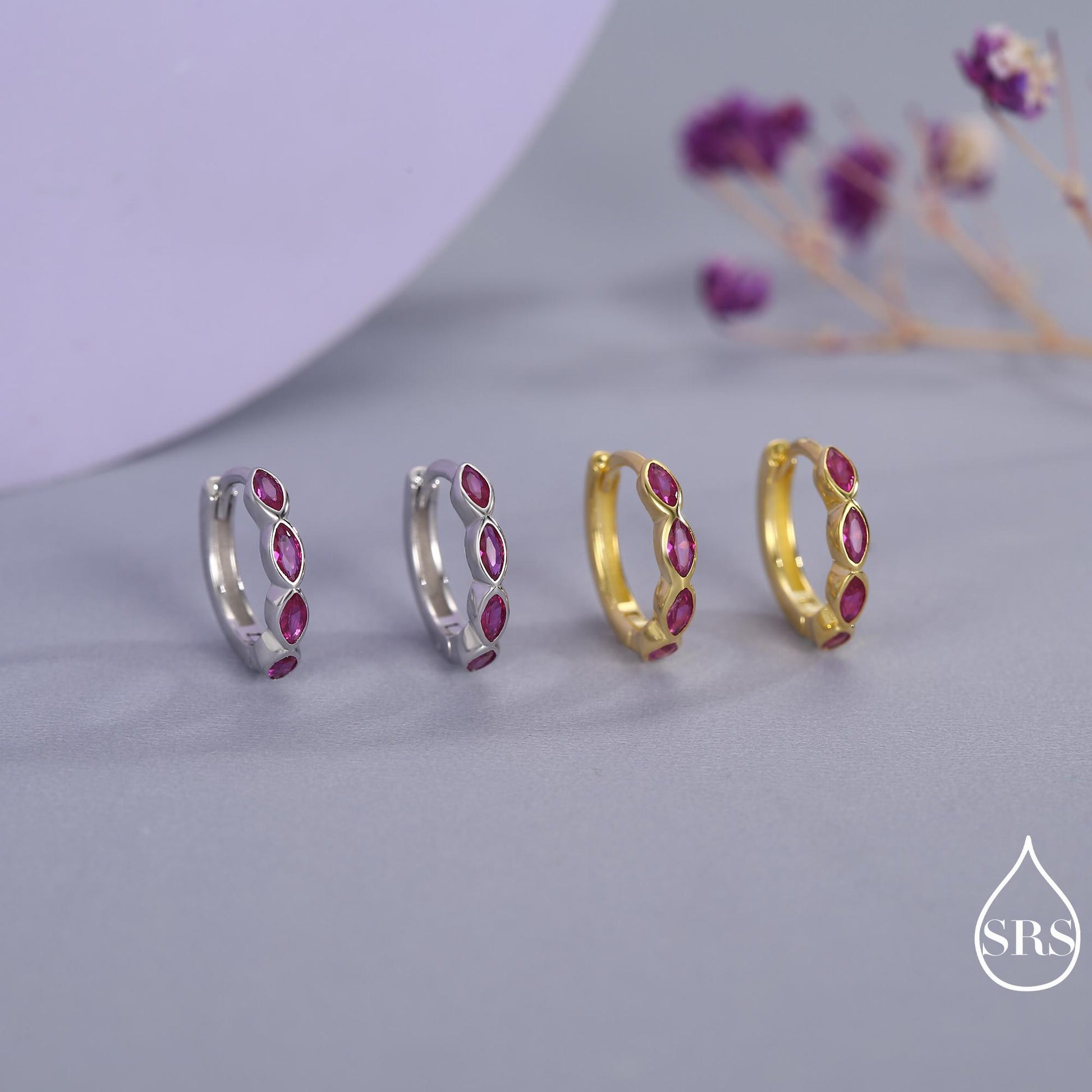Ruby Pink Marquise CZ Huggie Hoop in Sterling Silver, Silver or Gold, Minimalist Simple Pink Hoop Earrings, Ruby Red