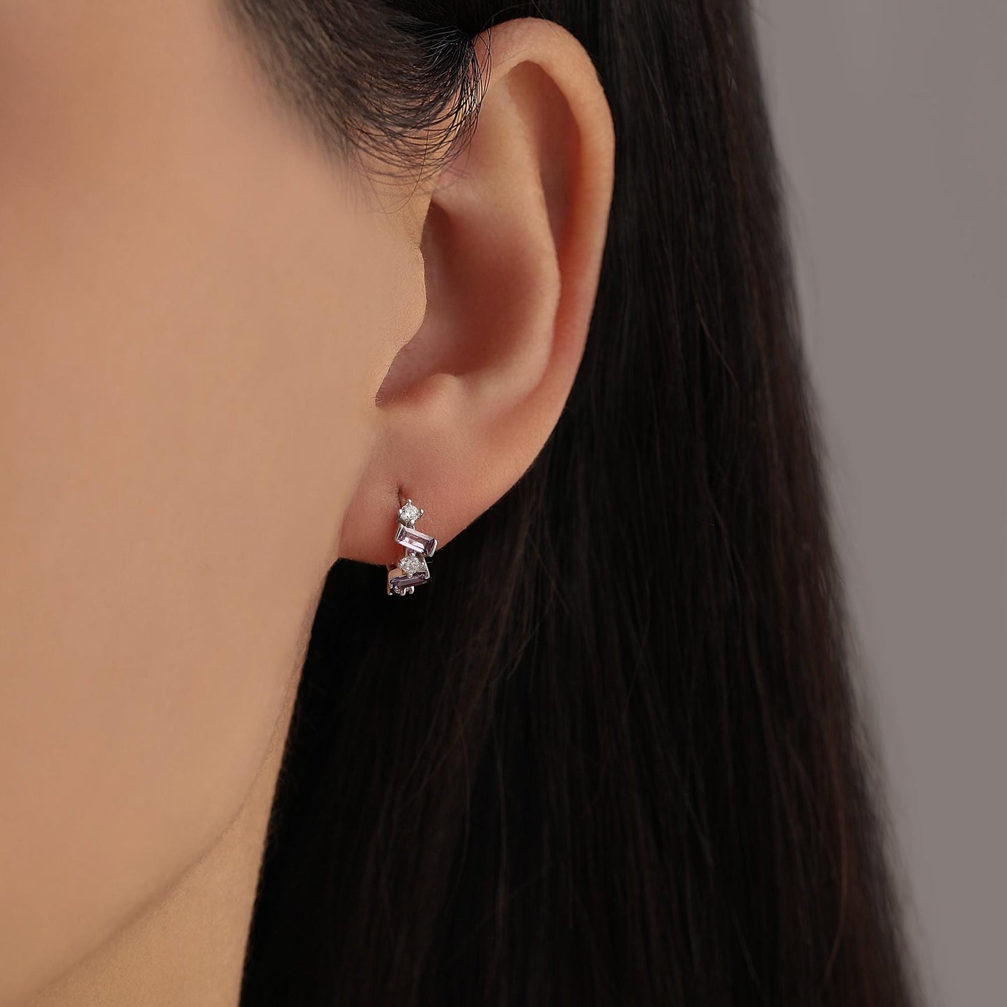 Amethyst Purple Baguette CZ Cluster Huggie Hoop in Sterling Silver, Silver or Gold, Irregular Shaped Cluster Hoops, Baguette Hoops