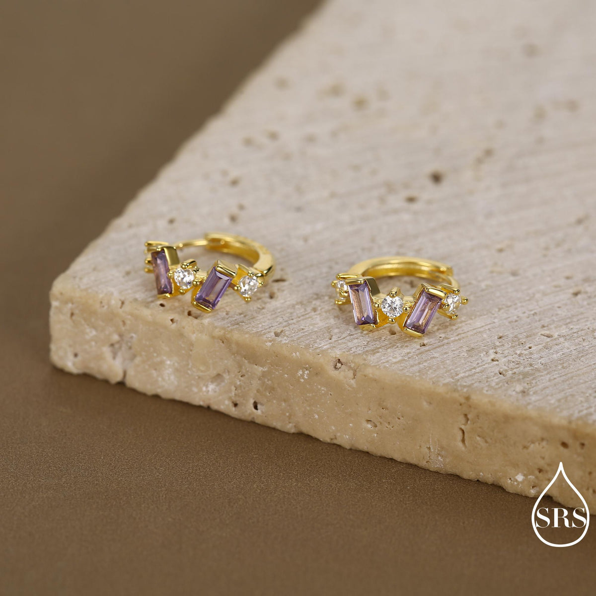 Amethyst Purple Baguette CZ Cluster Huggie Hoop in Sterling Silver, Silver or Gold, Irregular Shaped Cluster Hoops, Baguette Hoops