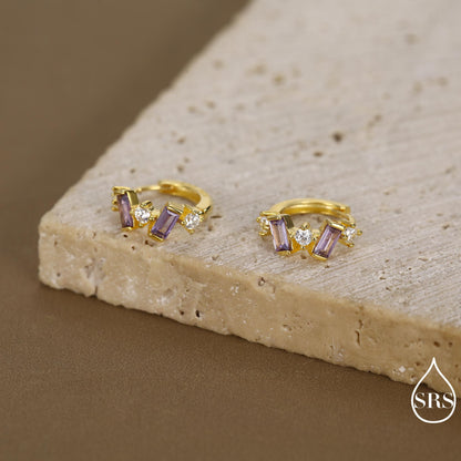 Amethyst Purple Baguette CZ Cluster Huggie Hoop in Sterling Silver, Silver or Gold, Irregular Shaped Cluster Hoops, Baguette Hoops