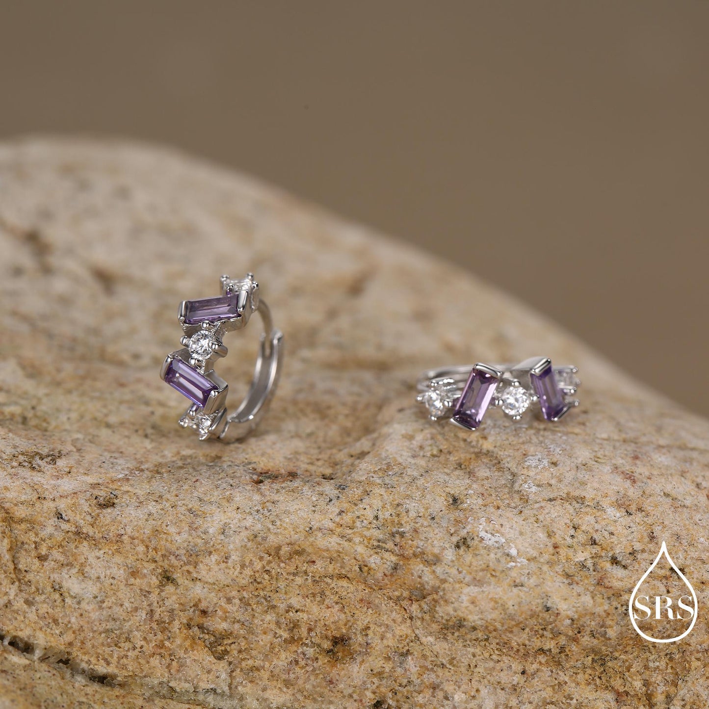 Amethyst Purple Baguette CZ Cluster Huggie Hoop in Sterling Silver, Silver or Gold, Irregular Shaped Cluster Hoops, Baguette Hoops