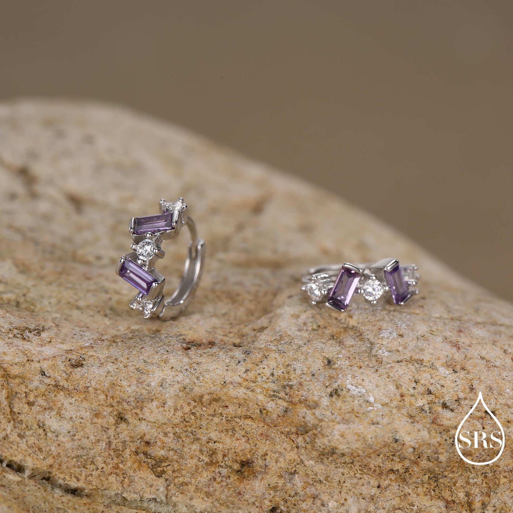 Amethyst Purple Baguette CZ Cluster Huggie Hoop in Sterling Silver, Silver or Gold, Irregular Shaped Cluster Hoops, Baguette Hoops