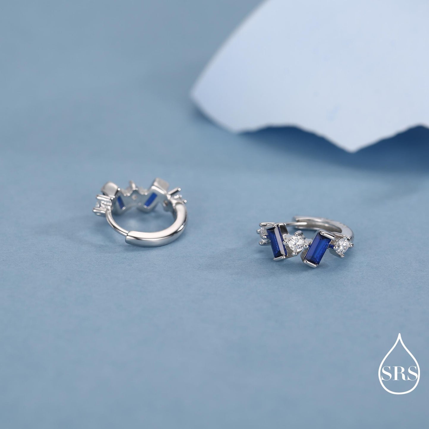 Sapphire Blue Baguette CZ Cluster Huggie Hoop in Sterling Silver, Silver or Gold, Irregular Shaped Cluster Hoops, Baguette Hoops