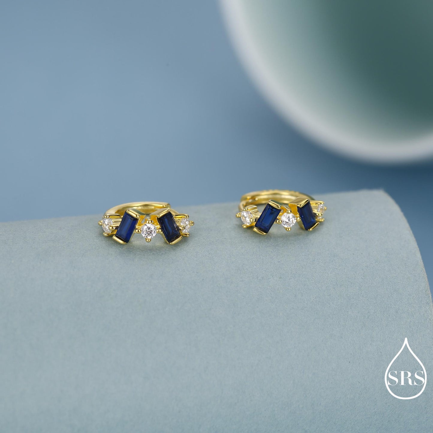 Sapphire Blue Baguette CZ Cluster Huggie Hoop in Sterling Silver, Silver or Gold, Irregular Shaped Cluster Hoops, Baguette Hoops