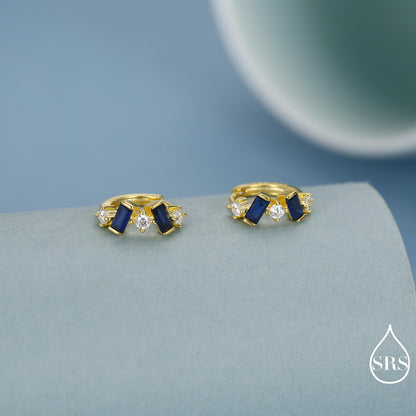 Sapphire Blue Baguette CZ Cluster Huggie Hoop in Sterling Silver, Silver or Gold, Irregular Shaped Cluster Hoops, Baguette Hoops