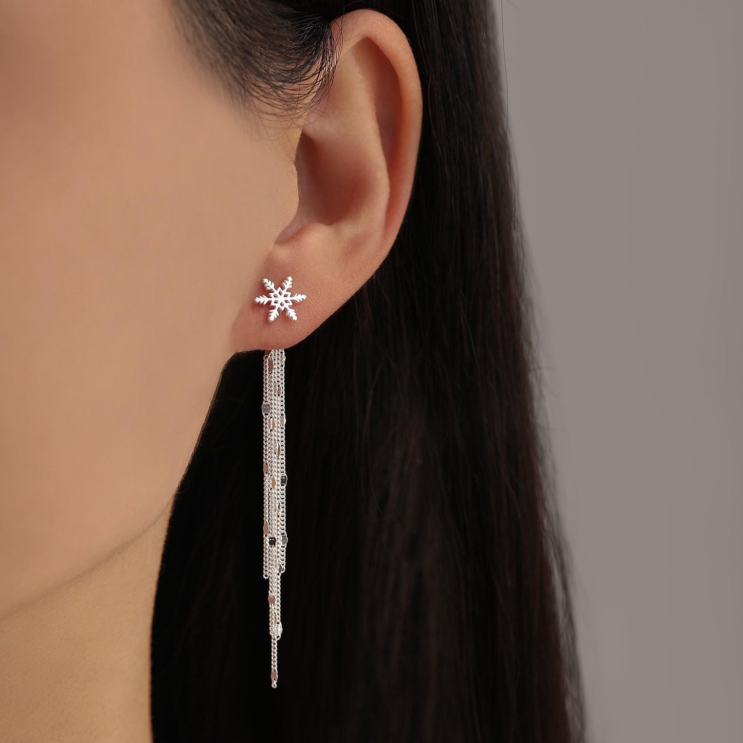 Snowflake Dangle Drop Stud Earrings in Sterling Silver with Sparkle Tassels, Silver or Gold or Rose Gold, Winter Statement Earrings