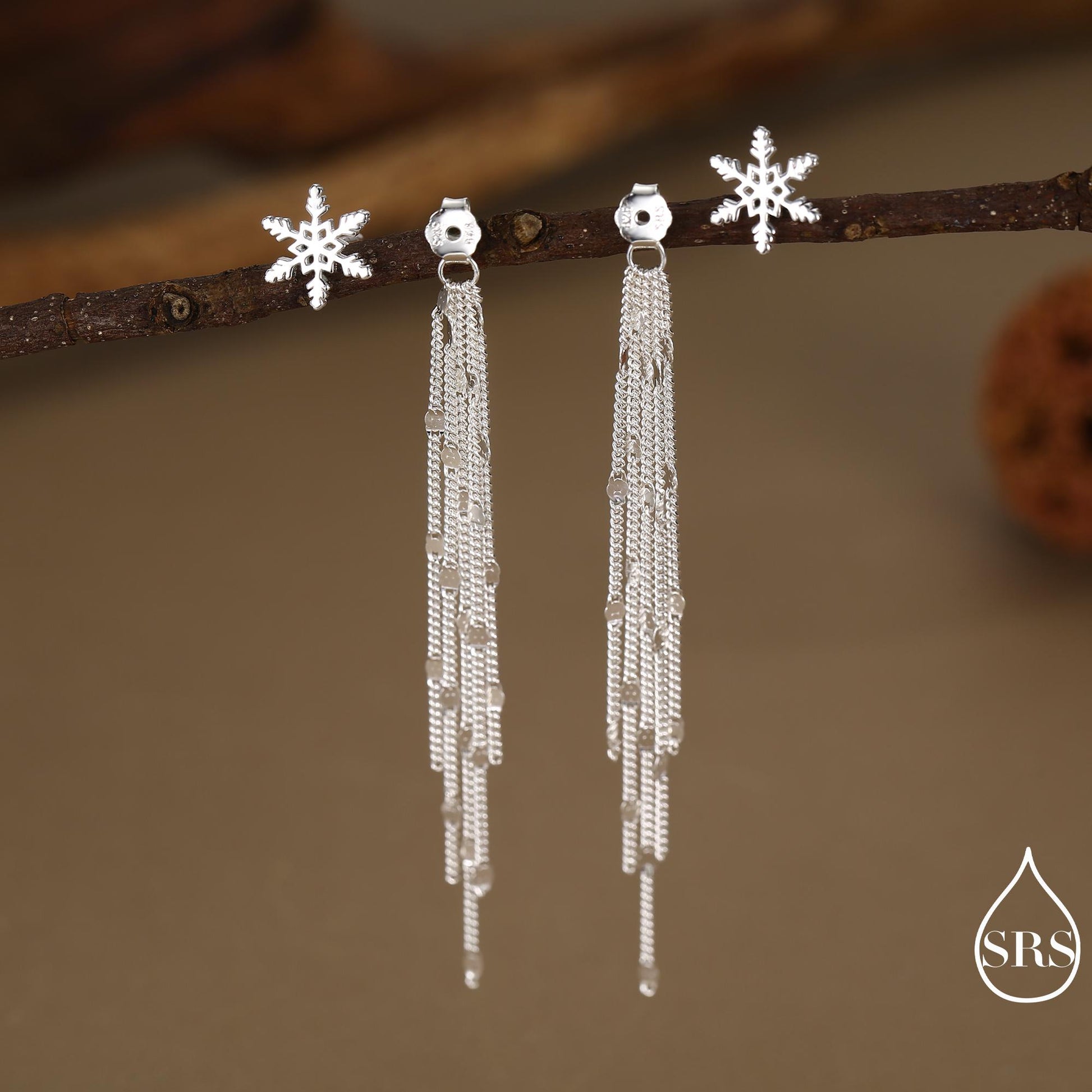 Snowflake Dangle Drop Stud Earrings in Sterling Silver with Sparkle Tassels, Silver or Gold or Rose Gold, Winter Statement Earrings