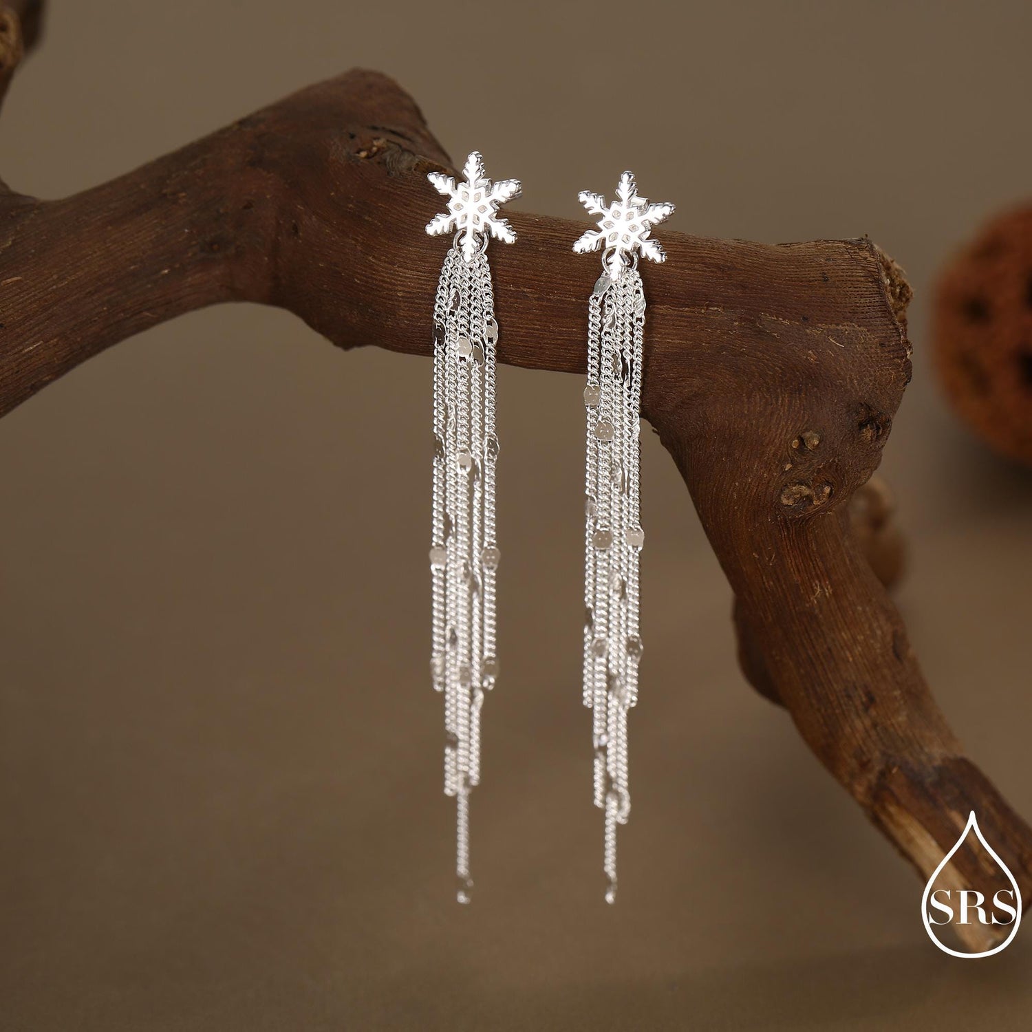 Snowflake Dangle Drop Stud Earrings in Sterling Silver with Sparkle Tassels, Silver or Gold or Rose Gold, Winter Statement Earrings