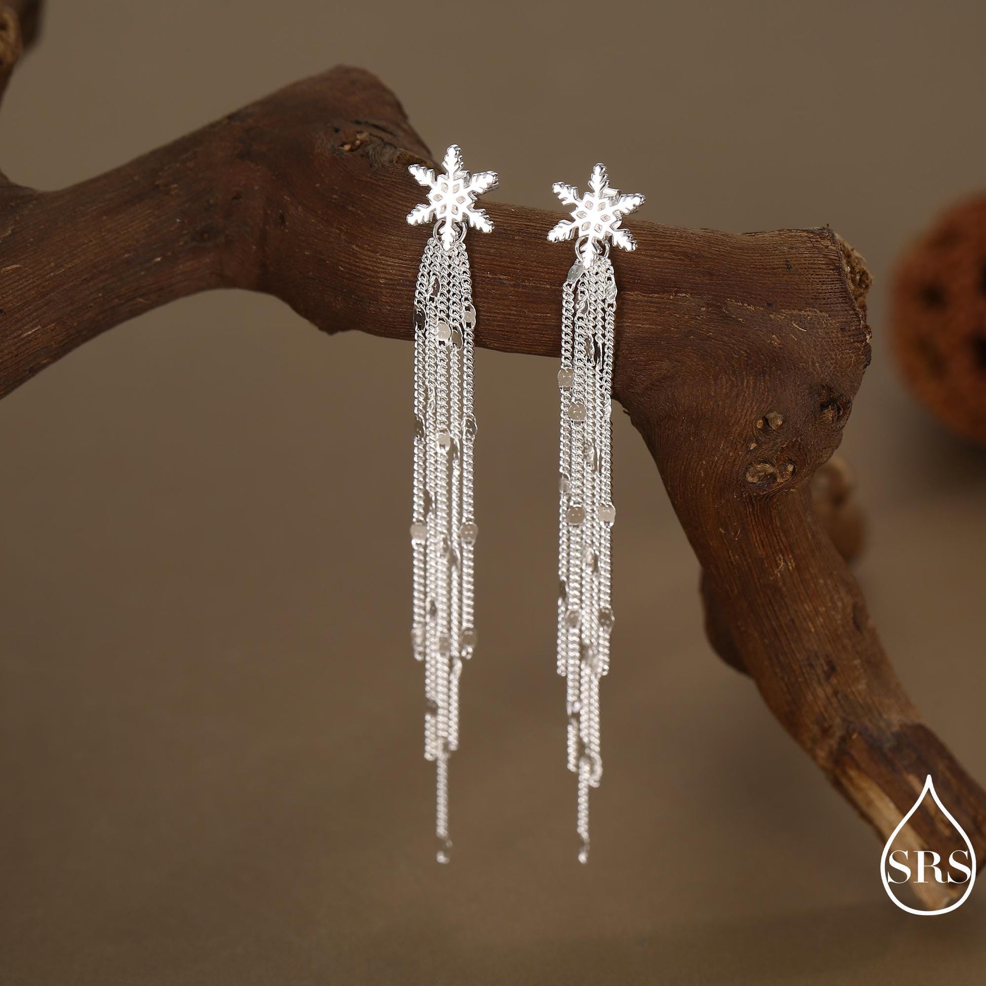 Snowflake Dangle Drop Stud Earrings in Sterling Silver with Sparkle Tassels, Silver or Gold or Rose Gold, Winter Statement Earrings