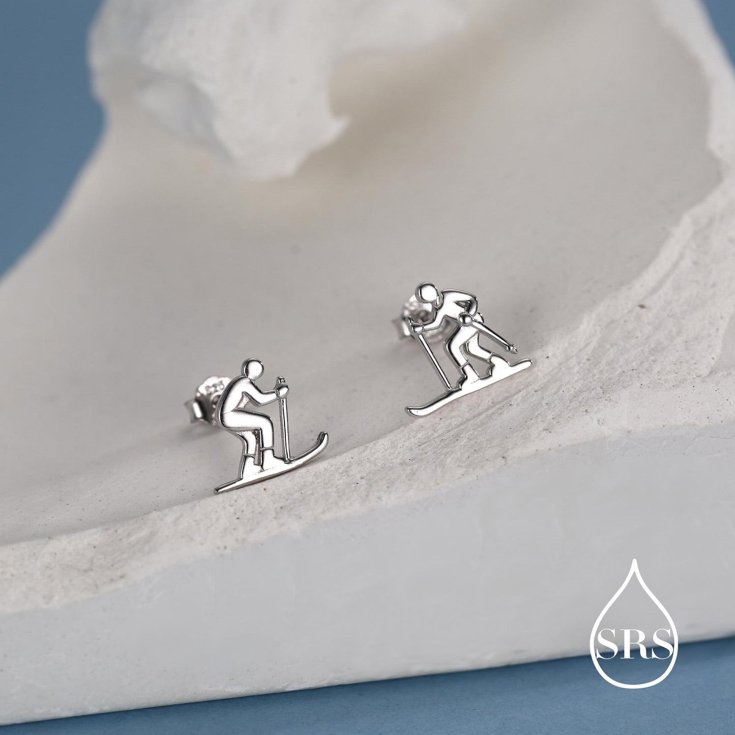 Sterling Silver Skiing Earrings, Also in Gold or Rose Gold Finish, Winter Sports Studs