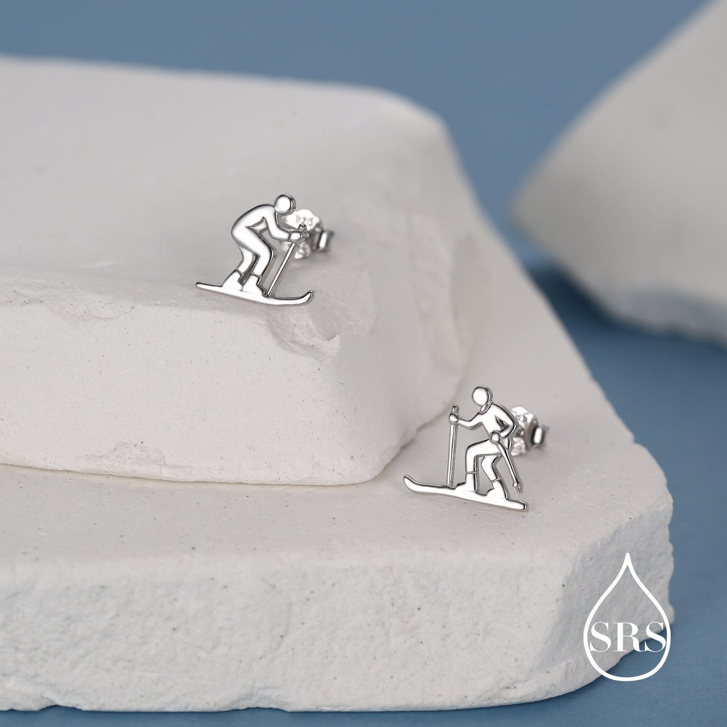 Sterling Silver Skiing Earrings, Also in Gold or Rose Gold Finish, Winter Sports Studs