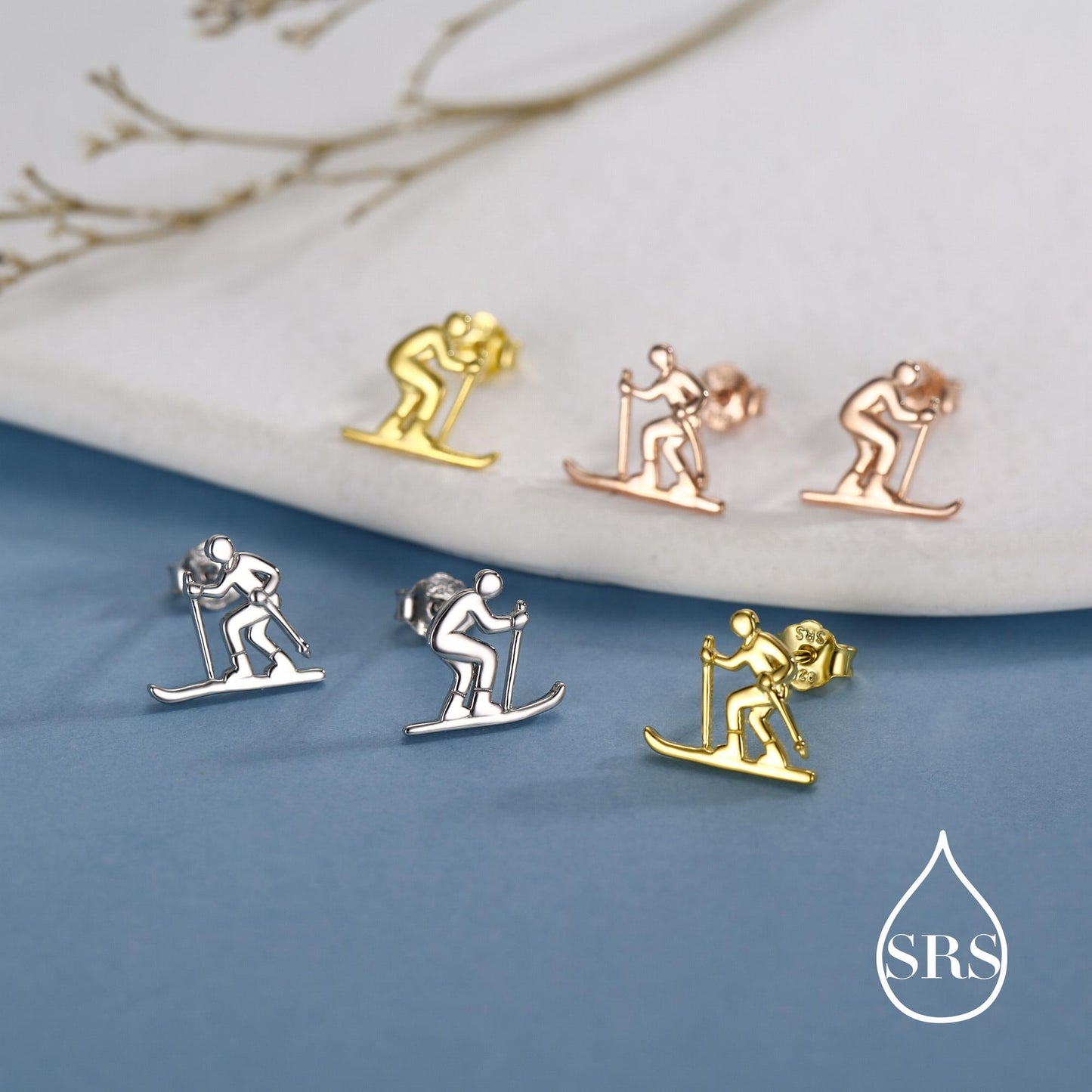 Sterling Silver Skiing Earrings, Also in Gold or Rose Gold Finish, Winter Sports Studs