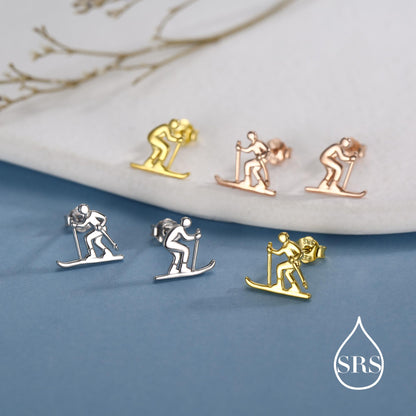Sterling Silver Skiing Earrings, Also in Gold or Rose Gold Finish, Winter Sports Studs
