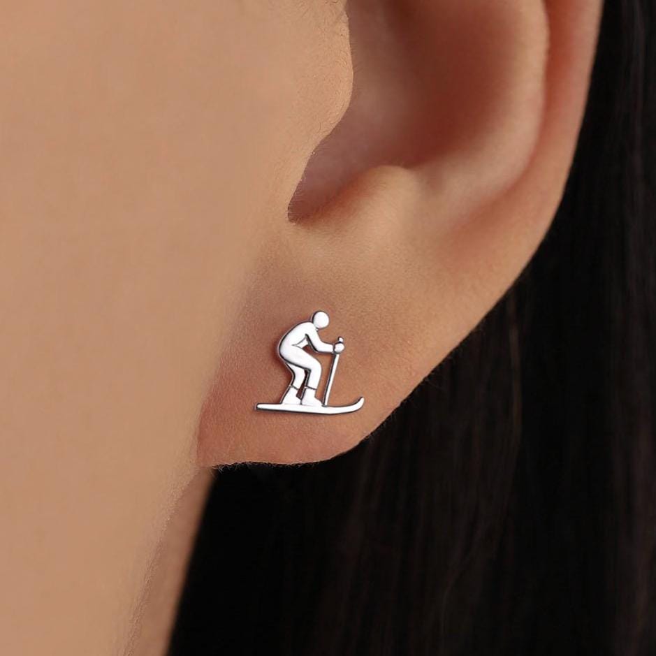 Sterling Silver Skiing Earrings, Also in Gold or Rose Gold Finish, Winter Sports Studs