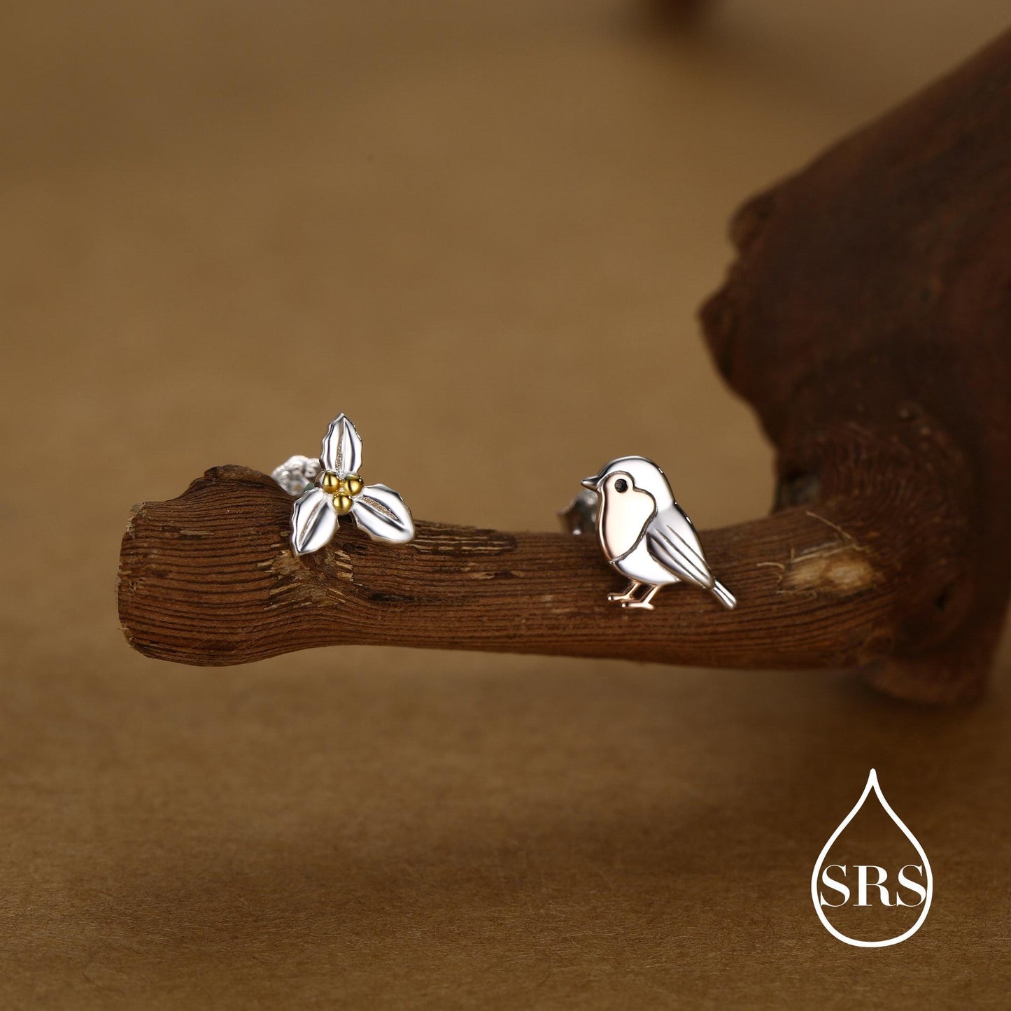 Mismatched Robin Bird and Holly Stud Earrings in Sterling Silver, Asymmetric Christmas Bird Earrings, Nature Inspired Earrings