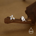 Mismatched Robin Bird and Holly Stud Earrings in Sterling Silver, Asymmetric Christmas Bird Earrings, Nature Inspired Earrings
