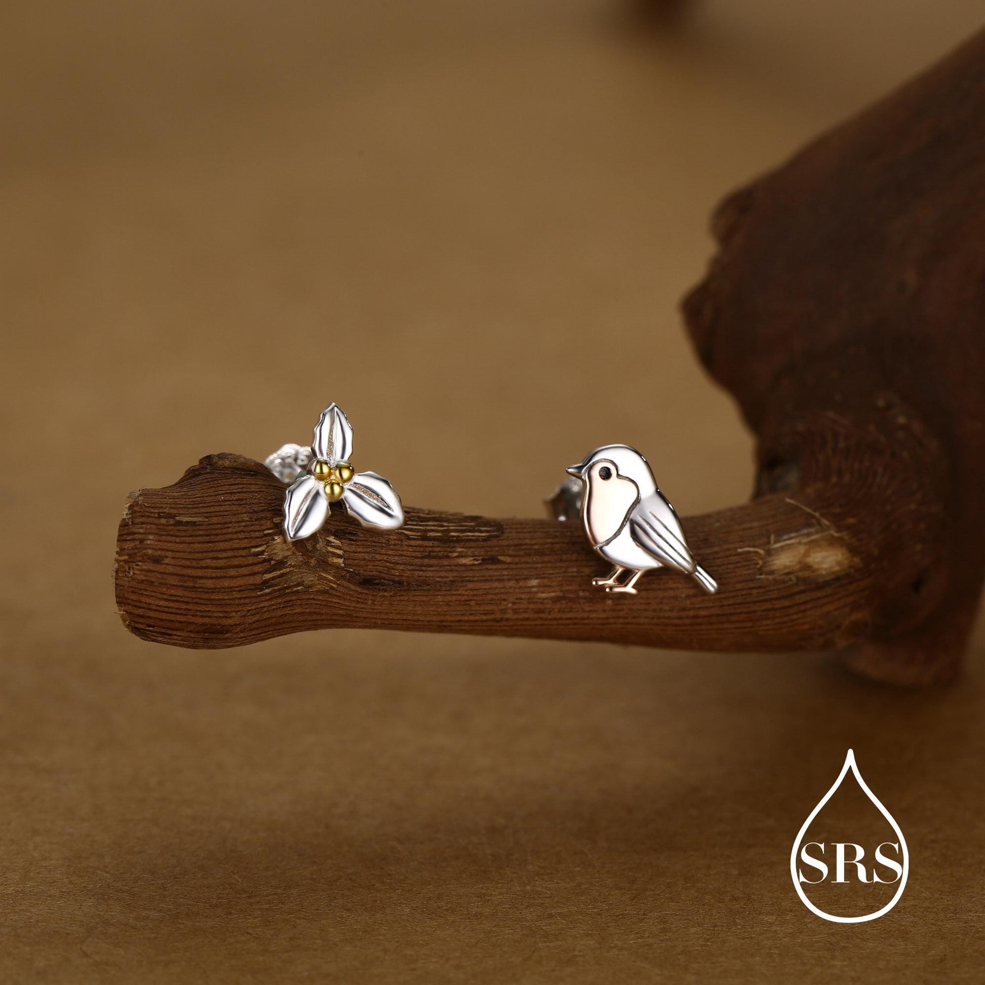 Mismatched Robin Bird and Holly Stud Earrings in Sterling Silver, Asymmetric Christmas Bird Earrings, Nature Inspired Earrings