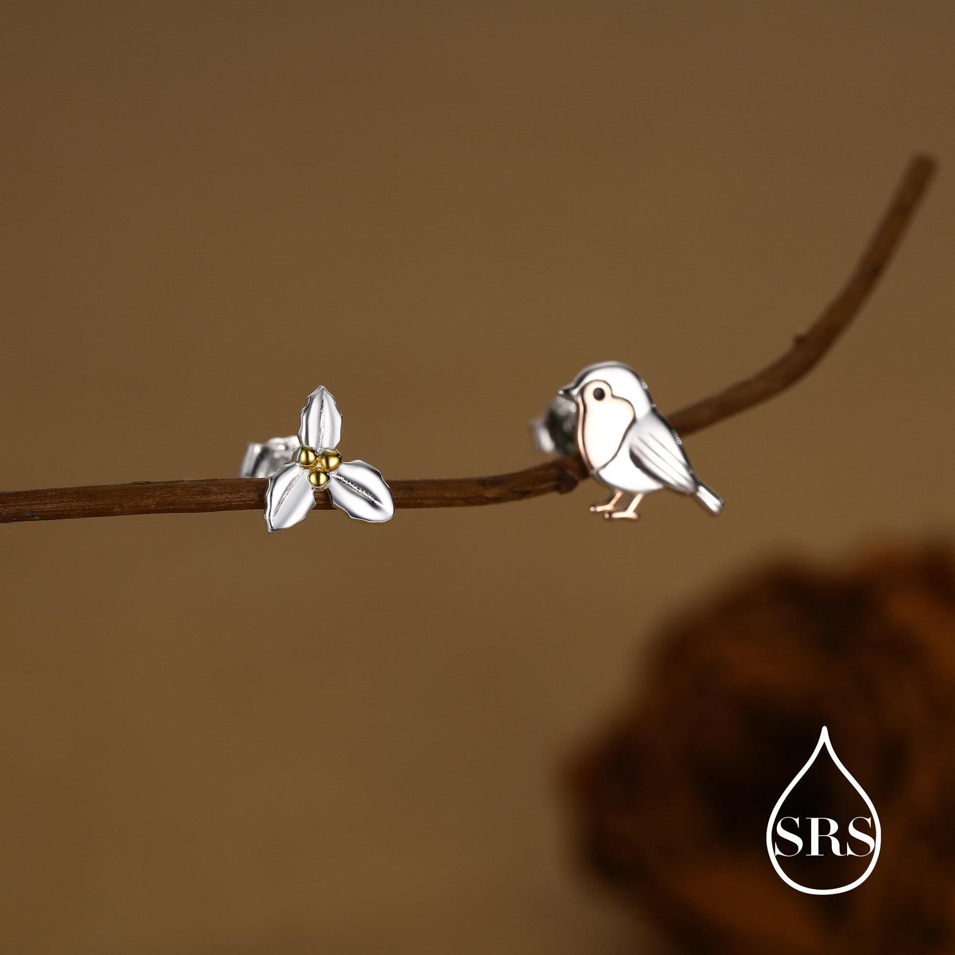 Mismatched Robin Bird and Holly Stud Earrings in Sterling Silver, Asymmetric Christmas Bird Earrings, Nature Inspired Earrings